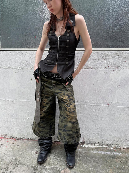 DoublePunch Vintage Camo Cargo Capri Pants Low Rise Distressed Wide Leg Trousers