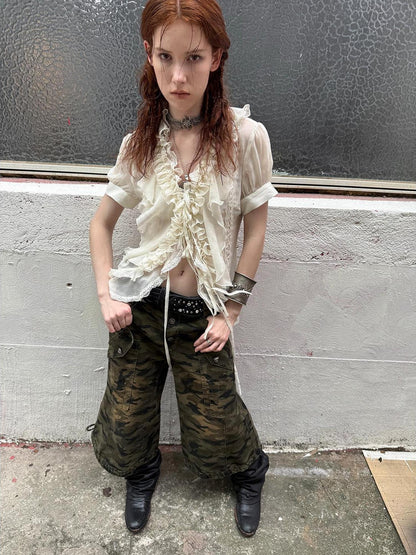 DoublePunch Vintage Camo Cargo Capri Pants Low Rise Distressed Wide Leg Trousers