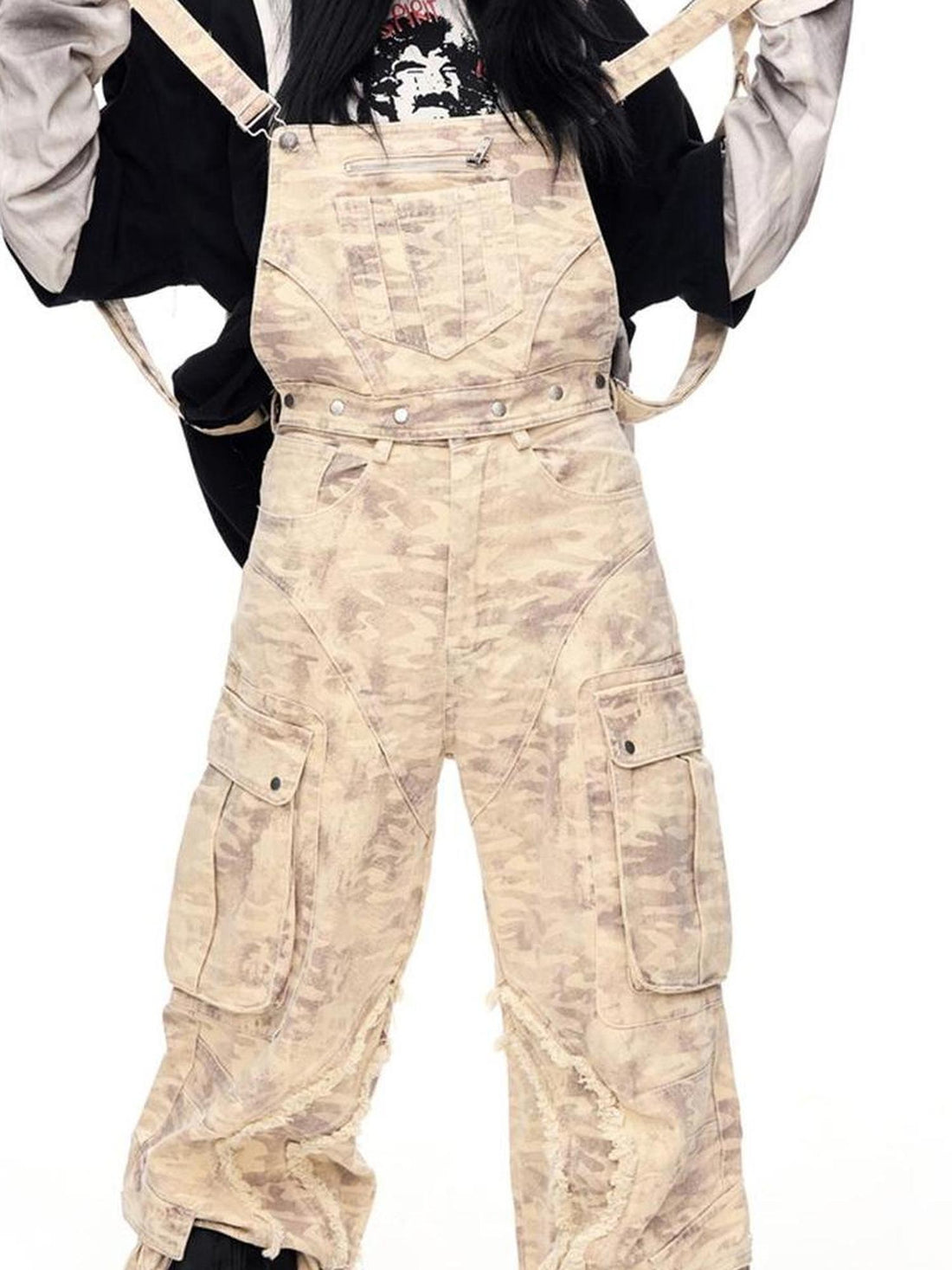Peoplesense Vintage Camo Cargo Jumpsuit With Distressed Hem Multi Pockets