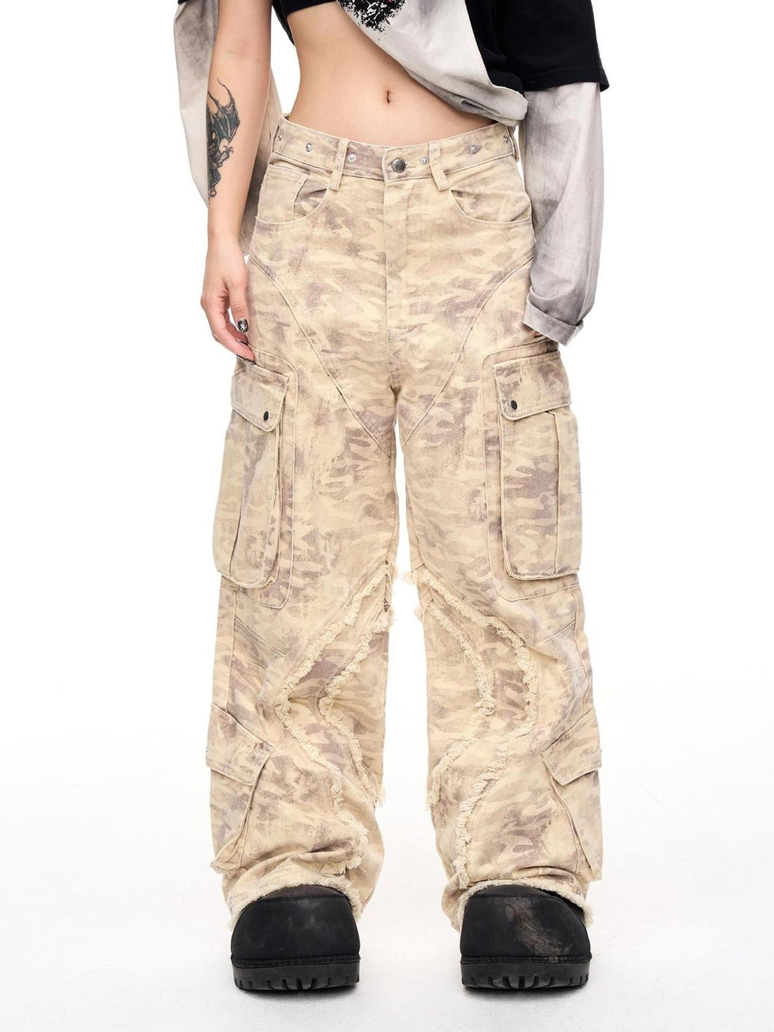 Peoplesense Vintage Camo Cargo Jumpsuit With Distressed Hem Multi Pockets