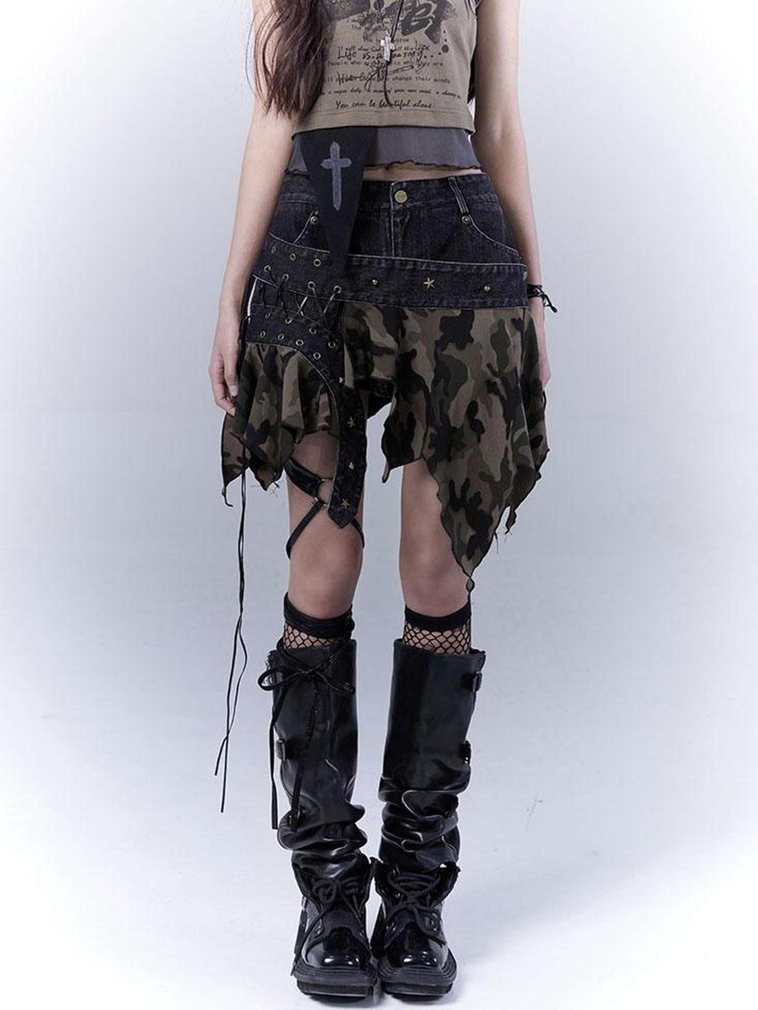 WSW WUSHENWU Vintage Camo Punk Tie Detail Denim Culottes