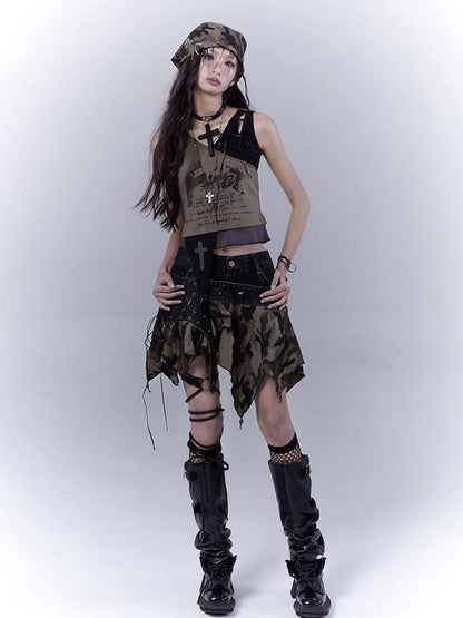 WSW WUSHENWU Vintage Camo Punk Tie Detail Denim Culottes