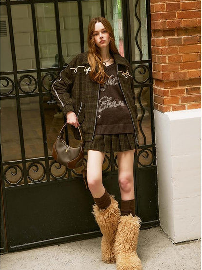 DIDDI MODA Vintage Chain Embroidered Check Faux Fur Skirt Set