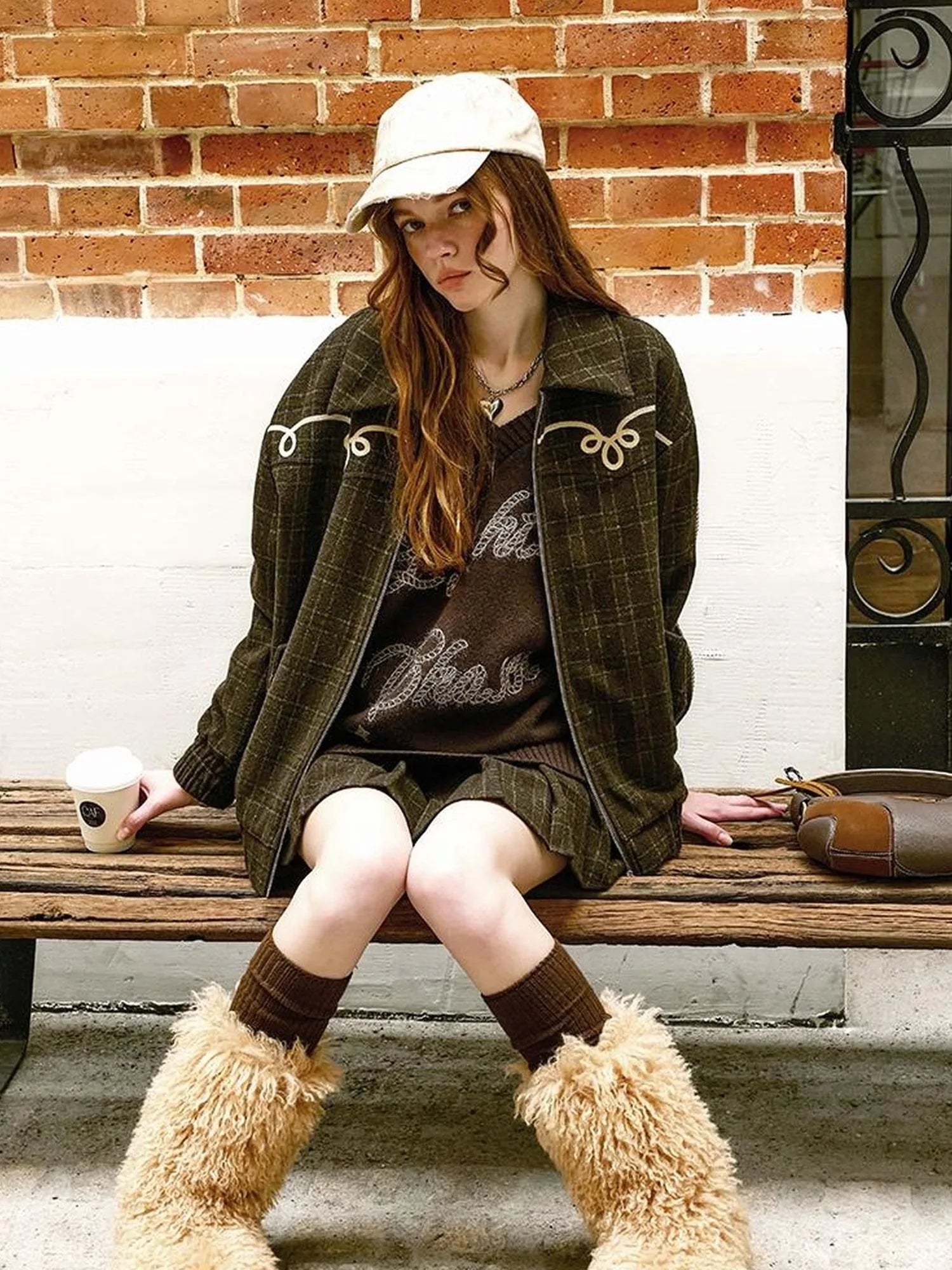 Vintage Chain Embroidered Check Faux Fur Skirt Set