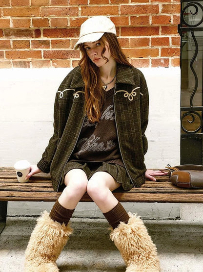 Vintage Chain Embroidered Check Faux Fur Skirt Set