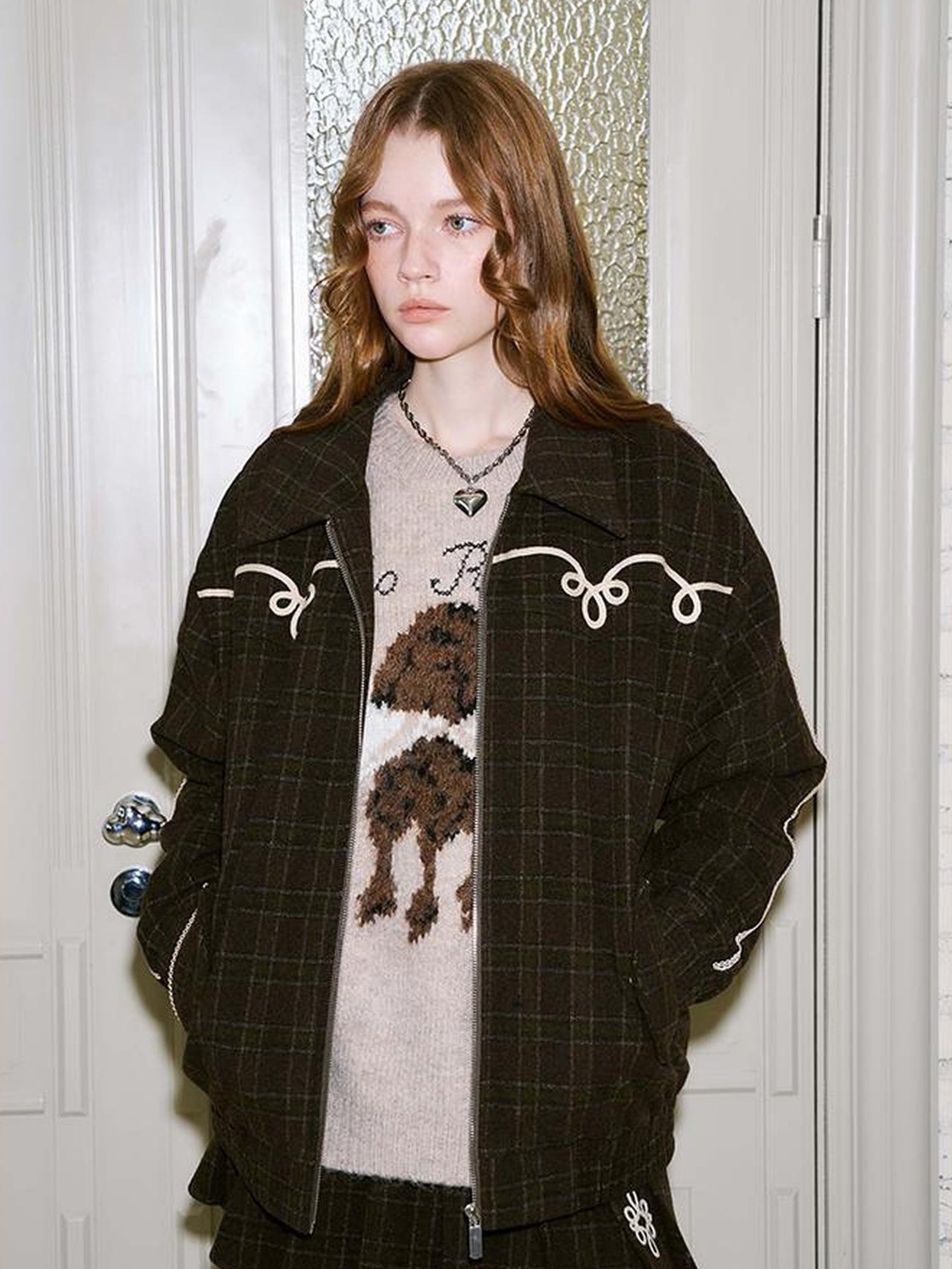 DIDDI MODA Vintage Chain Embroidered Check Faux Fur Skirt Set