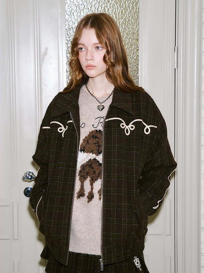 DIDDI MODA Vintage Chain Embroidered Check Faux Fur Skirt Set