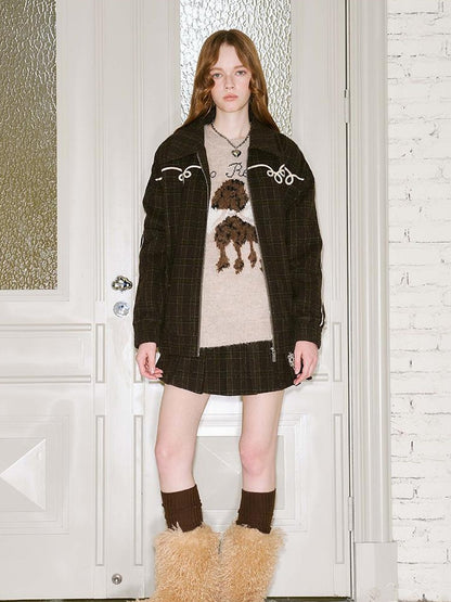 DIDDI MODA Vintage Chain Embroidered Check Faux Fur Skirt Set