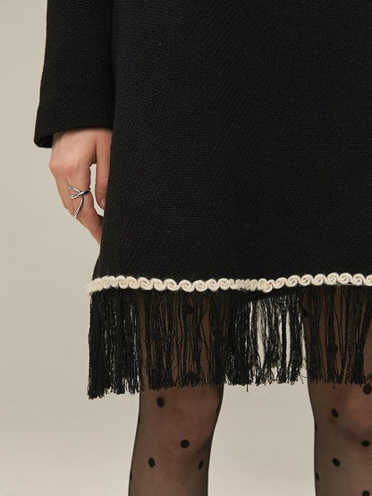 DIDDI MODA Vintage Chanel Style Black Crochet Mini Dress Set With Fringe