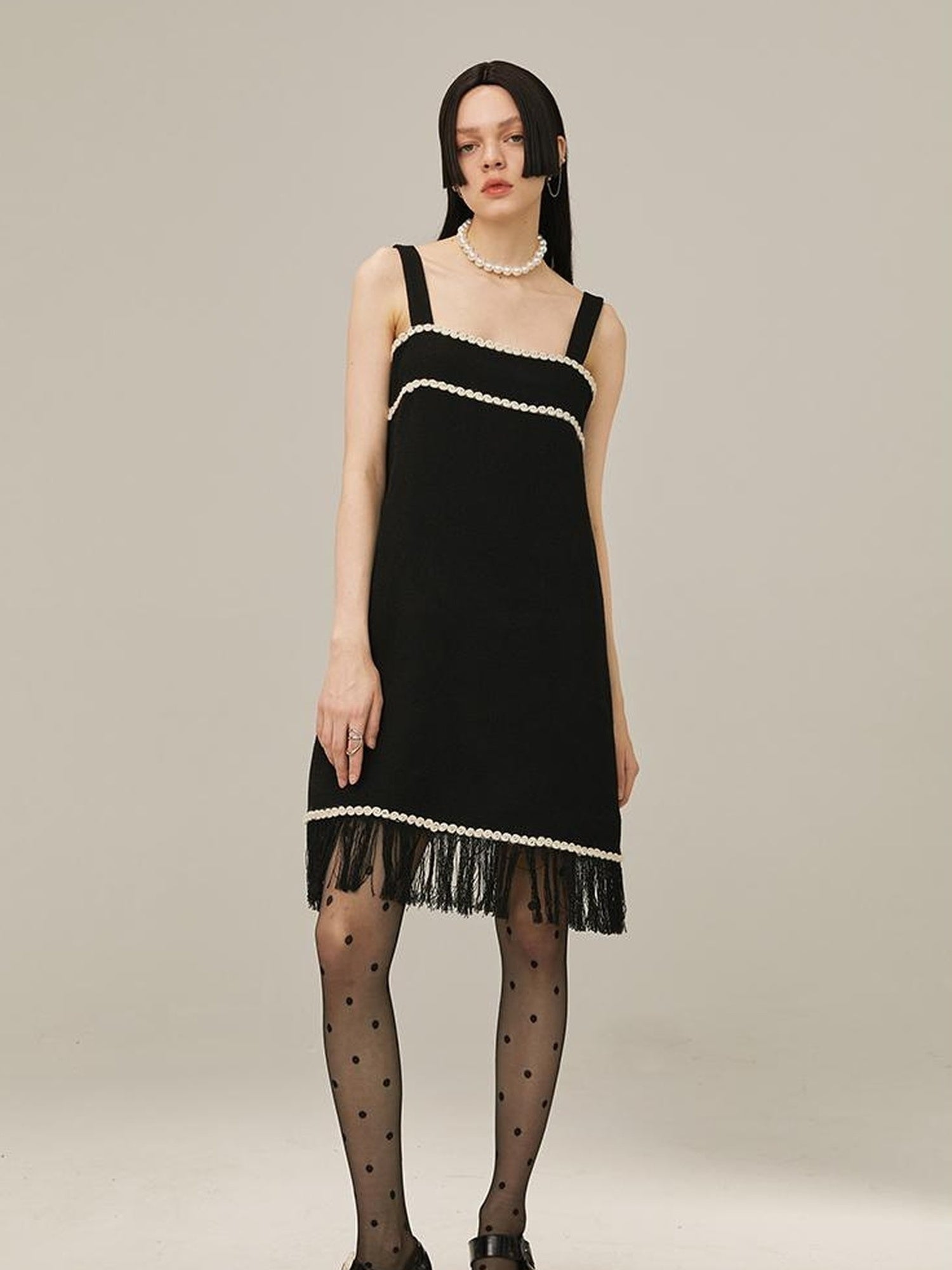 DIDDI MODA Vintage Chanel Style Black Crochet Mini Dress Set With Fringe