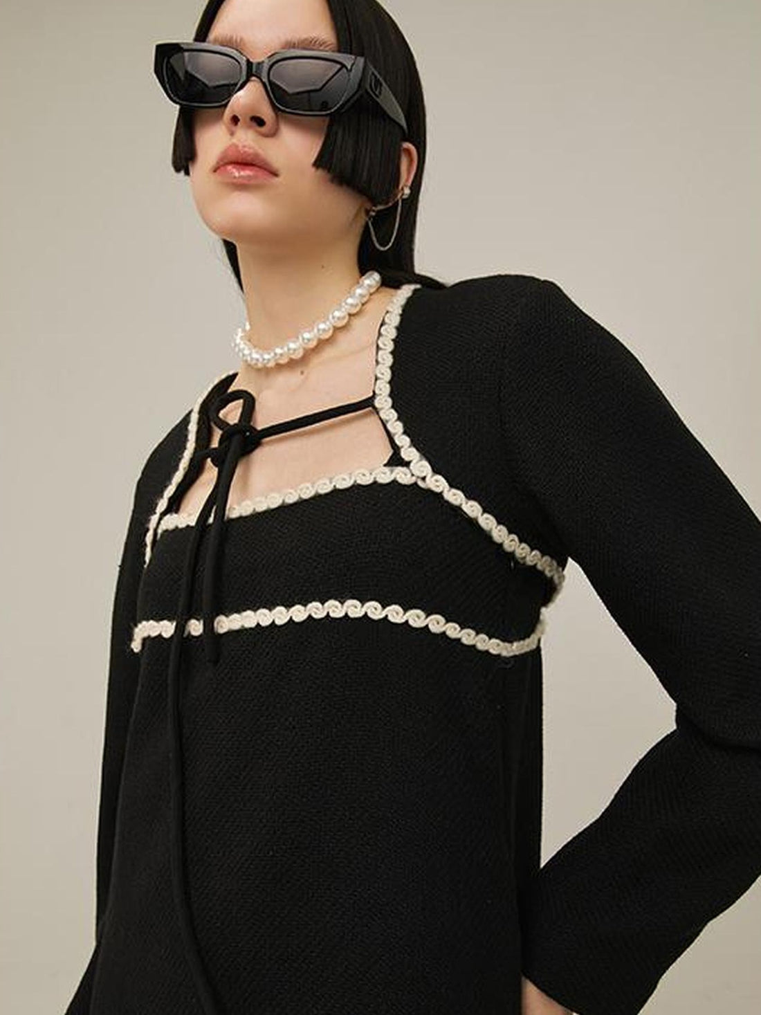 DIDDI MODA Vintage Chanel Style Black Crochet Mini Dress Set With Fringe