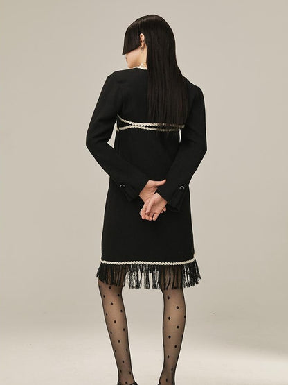 DIDDI MODA Vintage Chanel Style Black Crochet Mini Dress Set With Fringe
