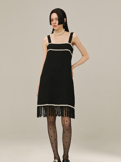 DIDDI MODA Vintage Chanel Style Black Crochet Mini Dress Set With Fringe