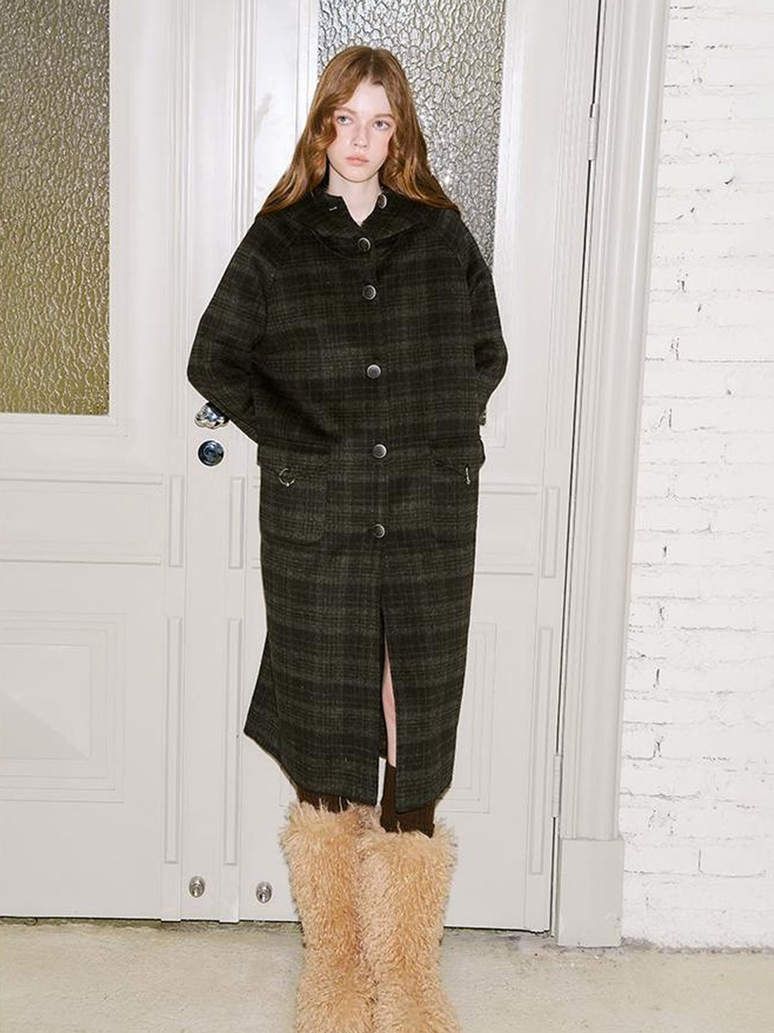 DIDDI MODA Vintage Checkered Hooded Wool Coat Long Double Faced Tweed Jacket