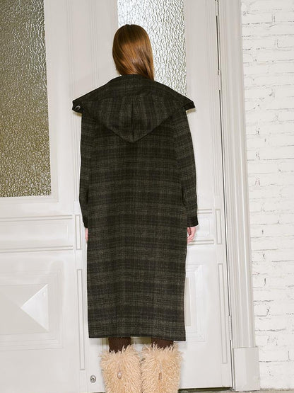 DIDDI MODA Vintage Checkered Hooded Wool Coat Long Double Faced Tweed Jacket