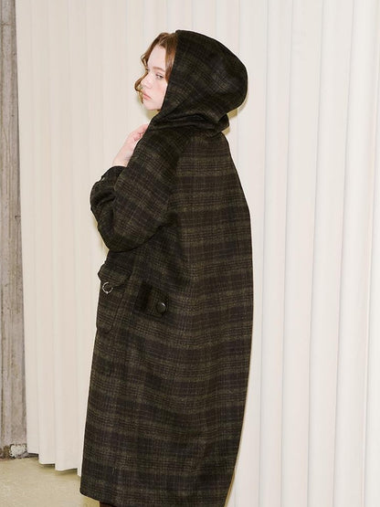 DIDDI MODA Vintage Checkered Hooded Wool Coat Long Double Faced Tweed Jacket