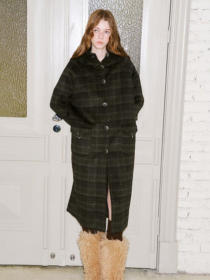 DIDDI MODA Vintage Checkered Hooded Wool Coat Long Double Faced Tweed Jacket