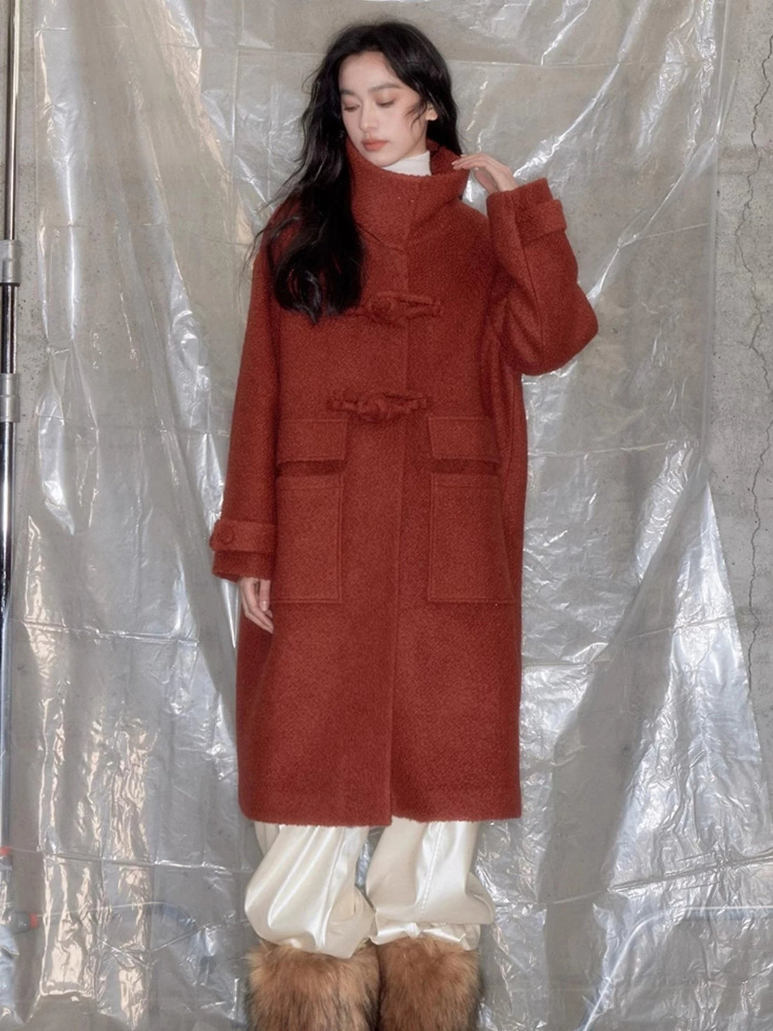 Vintage Cheongsam Coat Festive Red Wool Blend