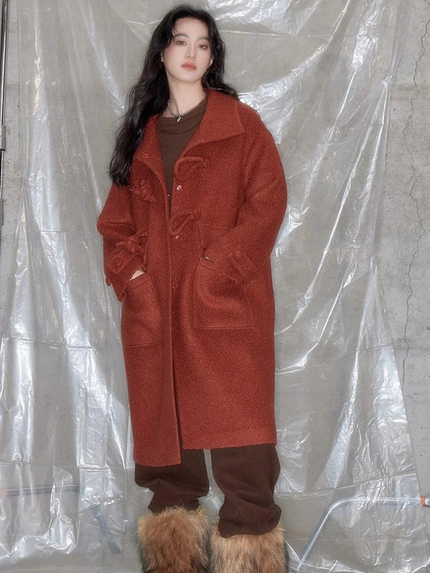 Vintage Cheongsam Coat Festive Red Wool Blend