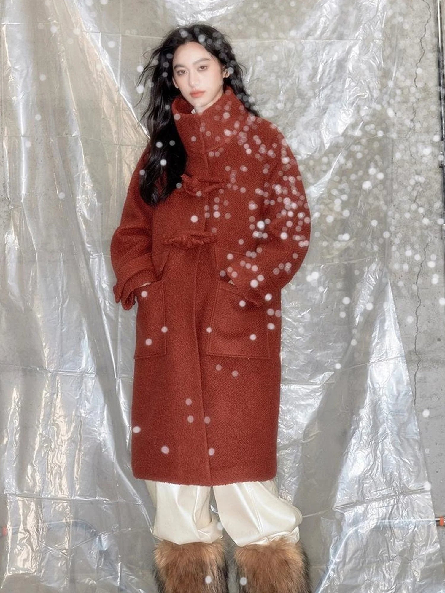 Vintage Cheongsam Coat Festive Red Wool Blend