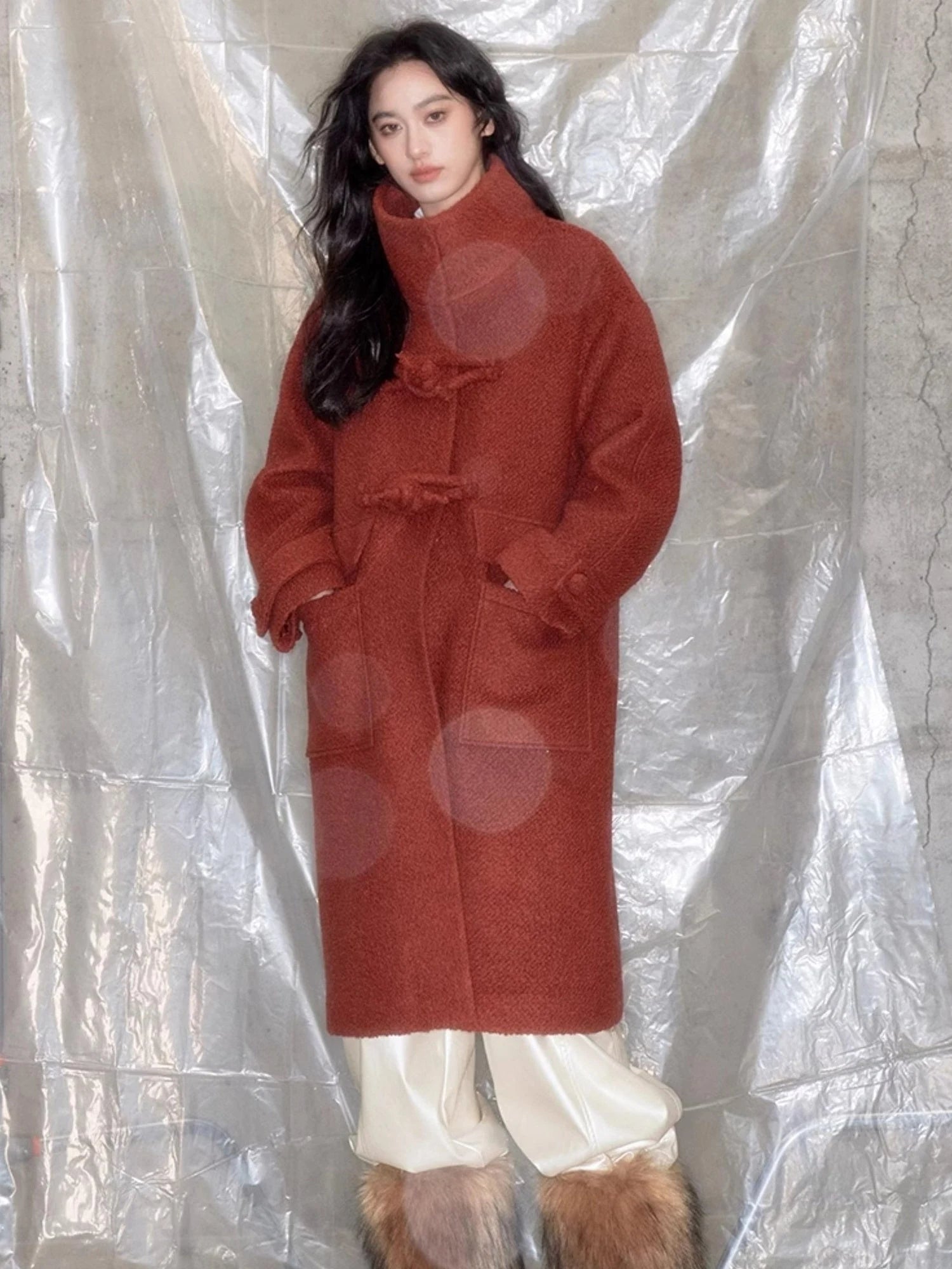 Vintage Cheongsam Coat Festive Red Wool Blend
