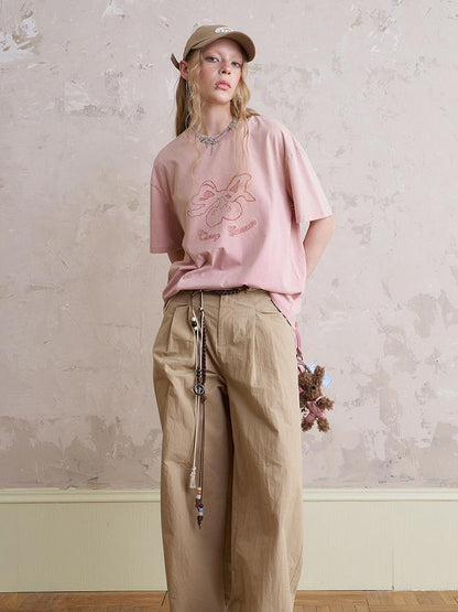 DIDDI MODA Vintage Cherry Bow Embroidered Washed Tee