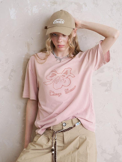 DIDDI MODA Vintage Cherry Bow Embroidered Washed Tee