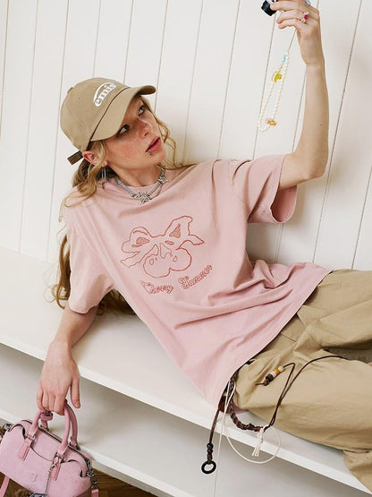 DIDDI MODA Vintage Cherry Bow Embroidered Washed Tee