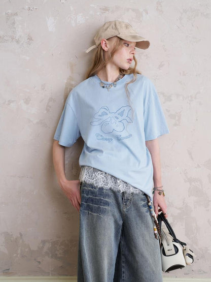 DIDDI MODA Vintage Cherry Bow Embroidered Washed Tee