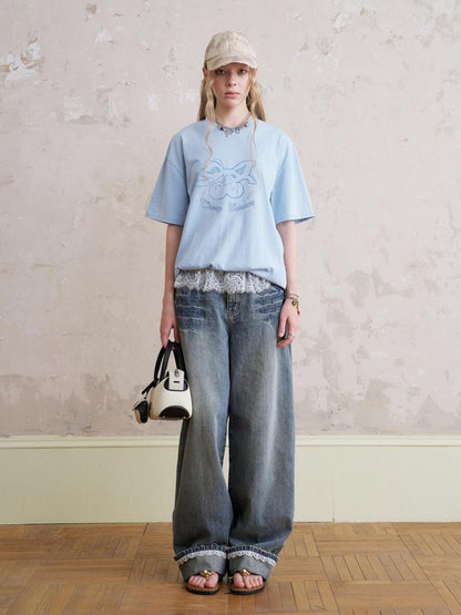 DIDDI MODA Vintage Cherry Bow Embroidered Washed Tee