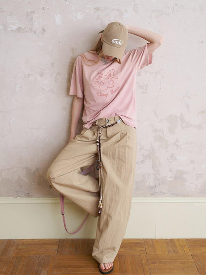 DIDDI MODA Vintage Cherry Bow Embroidered Washed Tee