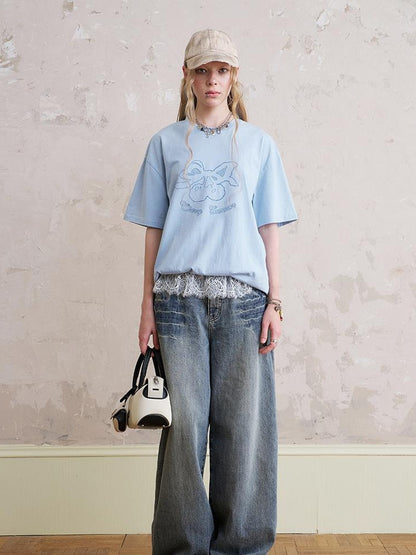 DIDDI MODA Vintage Cherry Bow Embroidered Washed Tee