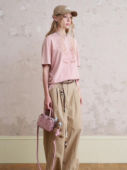 DIDDI MODA Vintage Cherry Bow Embroidered Washed Tee