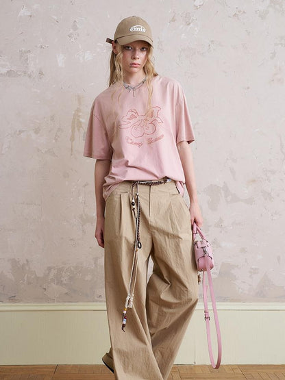 DIDDI MODA Vintage Cherry Bow Embroidered Washed Tee