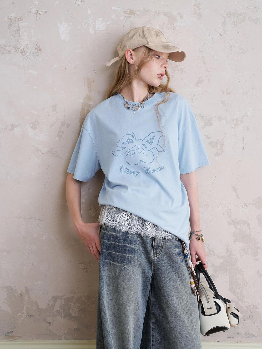 DIDDI MODA Vintage Cherry Butterfly Swallow Embroidered Tee With Lace Trim Skirt Set
