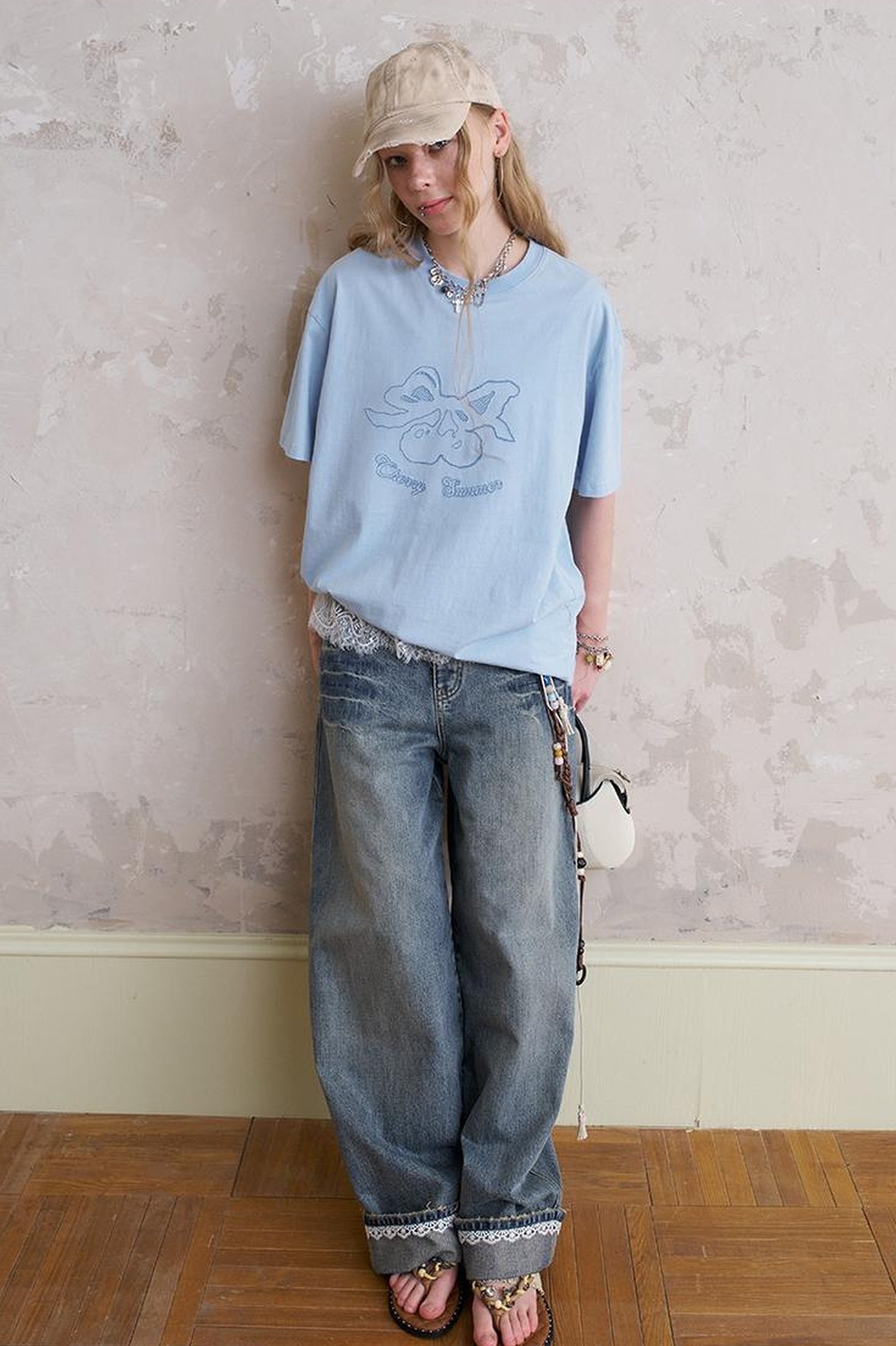 DIDDI MODA Vintage Cherry Butterfly Swallow Embroidered Tee With Lace Trim Skirt Set