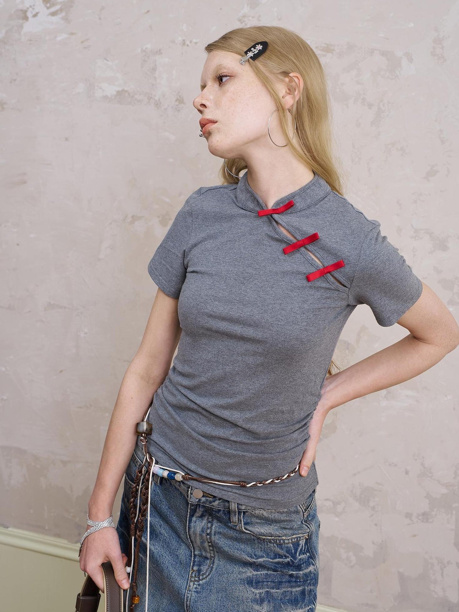 DIDDI MODA Vintage Chic Knit Top With Bow Knot And Asymmetrical Hem