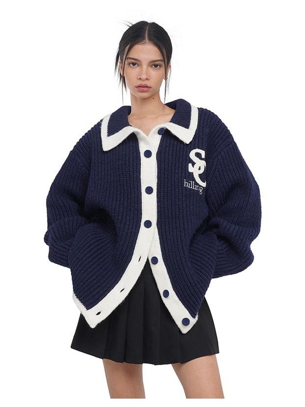 Vintage College Style Color Block Knit Cardigan for Women
