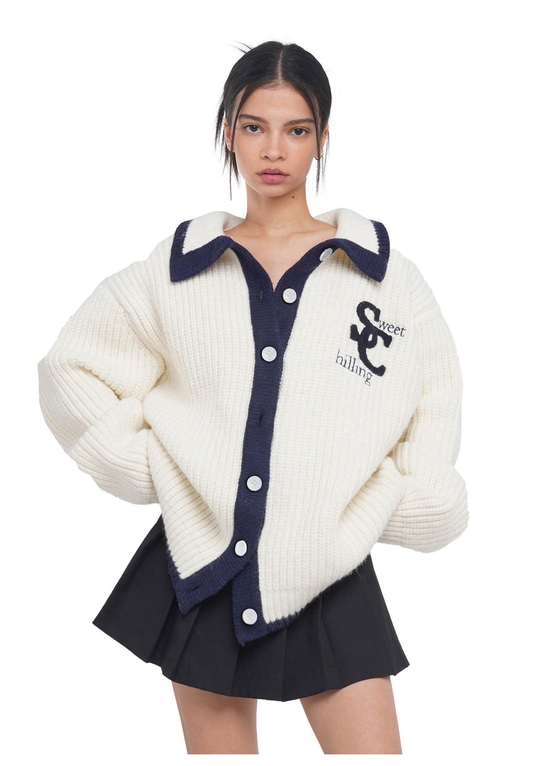 Vintage College Style Color Block Knit Cardigan for Women