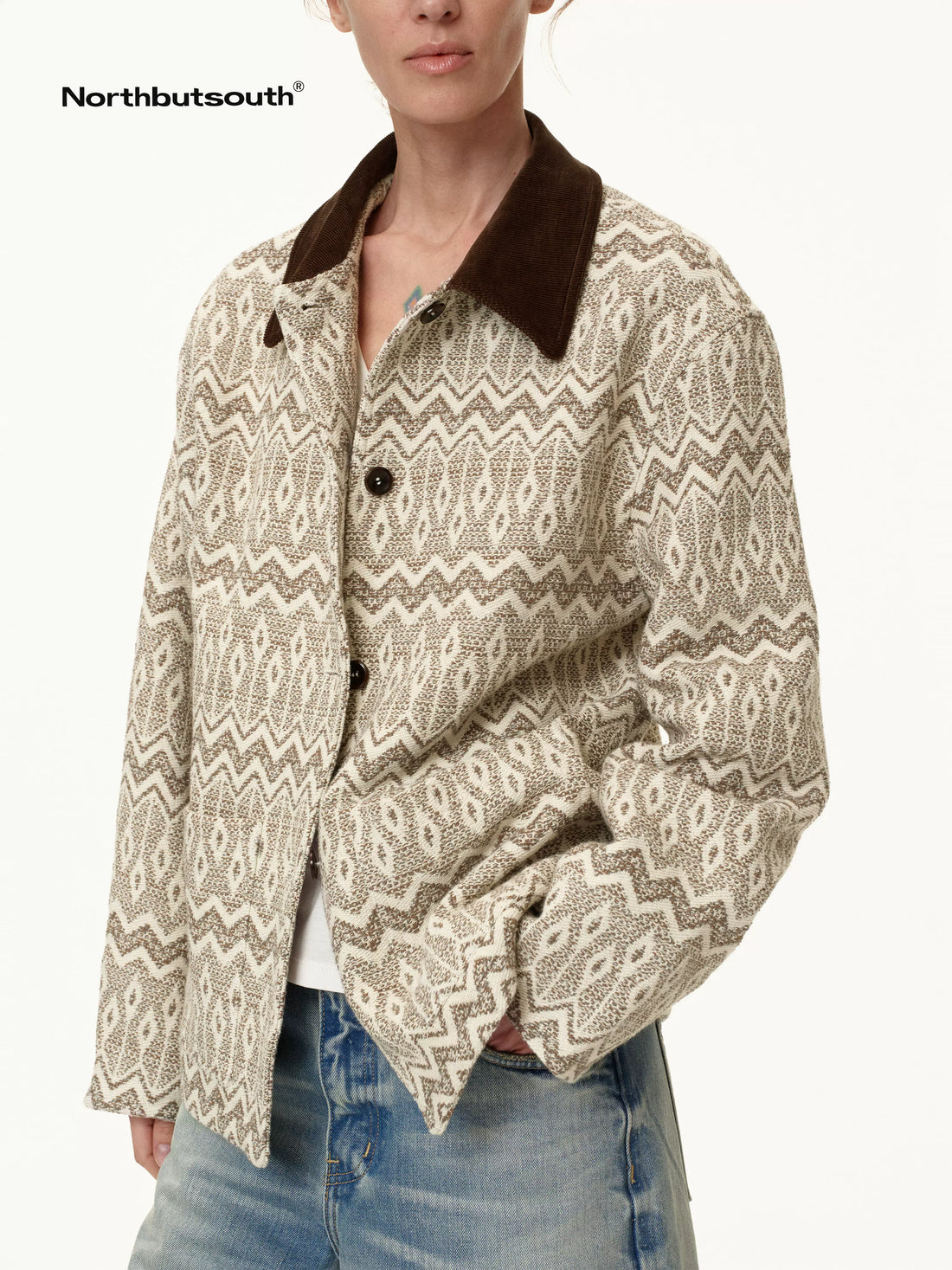 Vintage Colorblock Corduroy Collar Loose Fit Coat