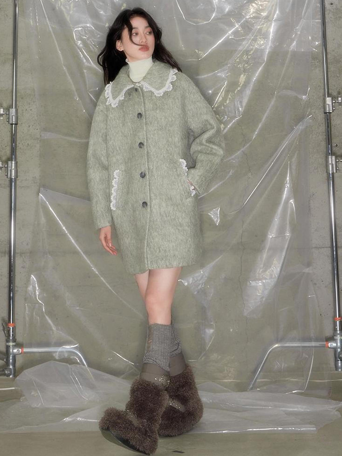 DIDDI MODA Vintage Crochet Lace Peacoat With Horn Buttons