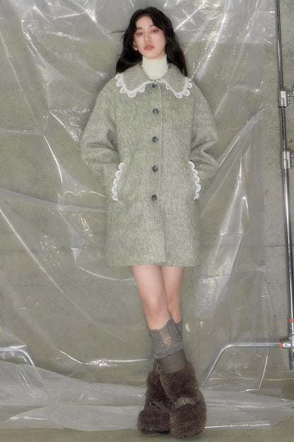 DIDDI MODA Vintage Crochet Lace Peacoat With Horn Buttons