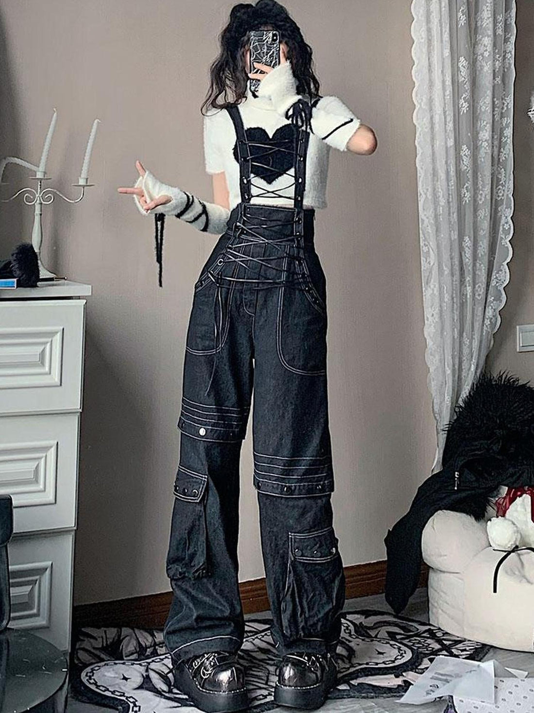 WSW WUSHENWU Vintage Deconstructed Denim Overalls Multiway Wear