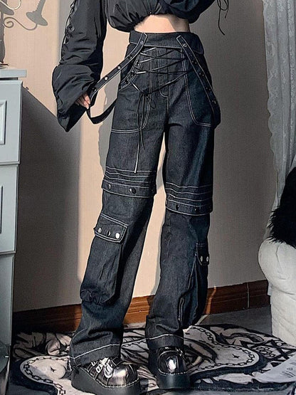 WSW WUSHENWU Vintage Deconstructed Denim Overalls Multiway Wear
