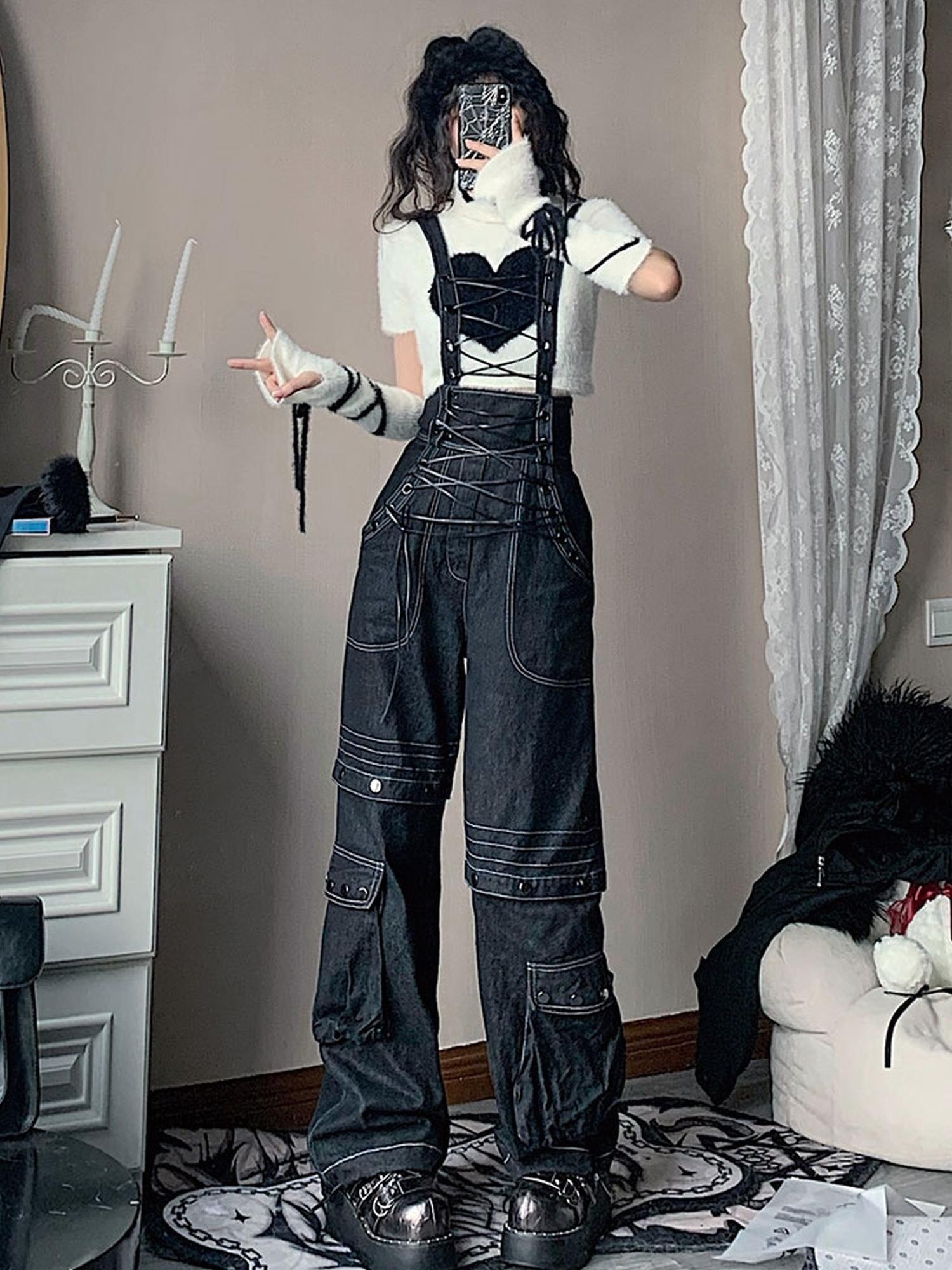 WSW WUSHENWU Vintage Deconstructed Denim Overalls Multiway Wear