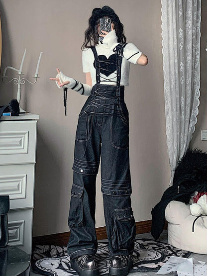 WSW WUSHENWU Vintage Deconstructed Denim Overalls Multiway Wear