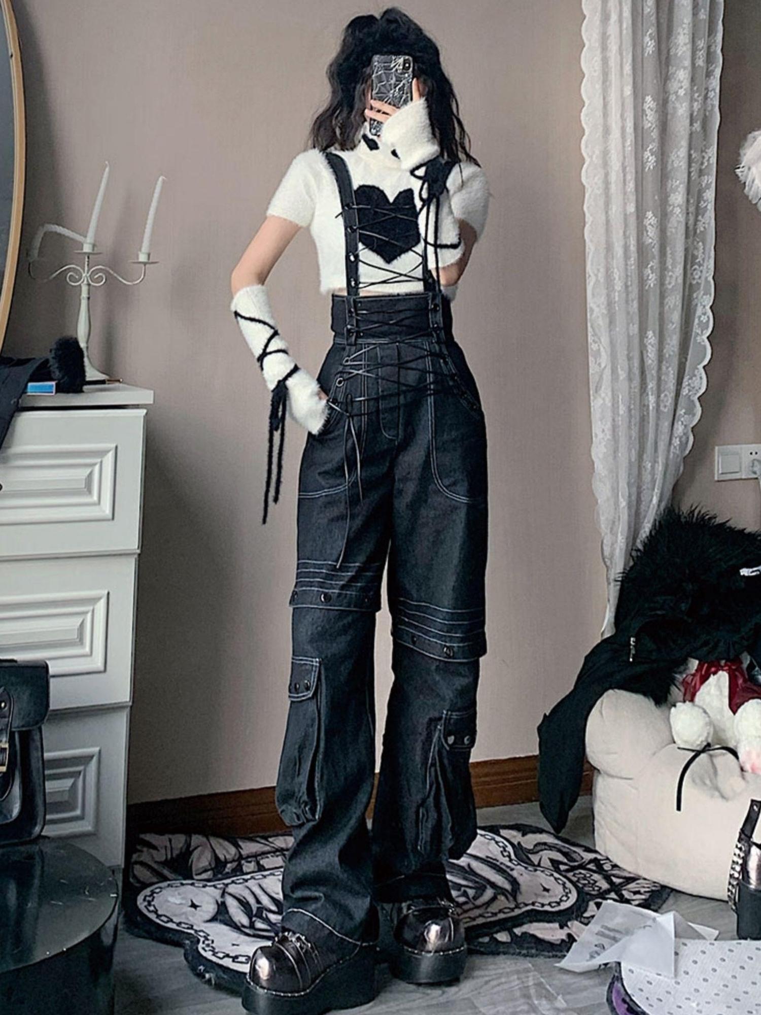 WSW WUSHENWU Vintage Deconstructed Denim Overalls Multiway Wear