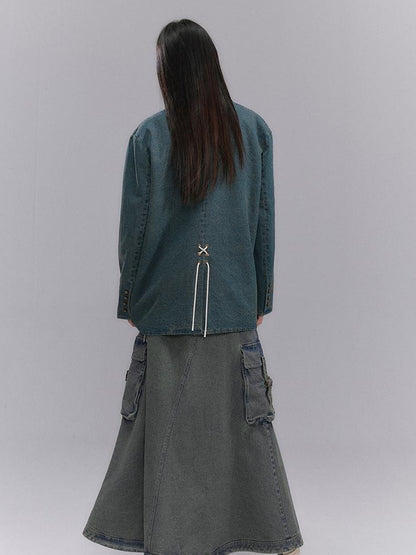 DIDDI MODA Vintage Denim Blazer With Cross Tie Detail