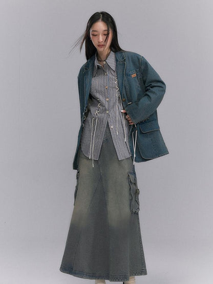 DIDDI MODA Vintage Denim Blazer With Cross Tie Detail