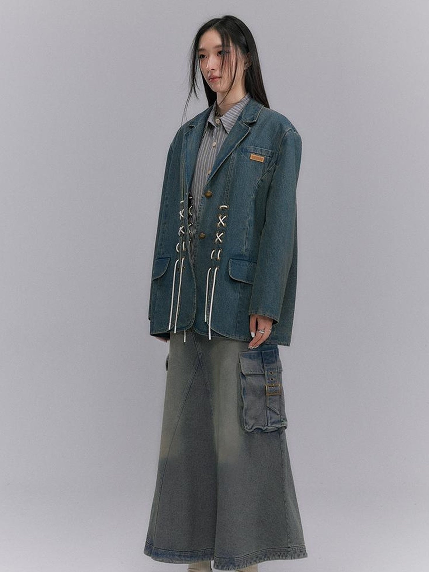 DIDDI MODA Vintage Denim Blazer With Cross Tie Detail